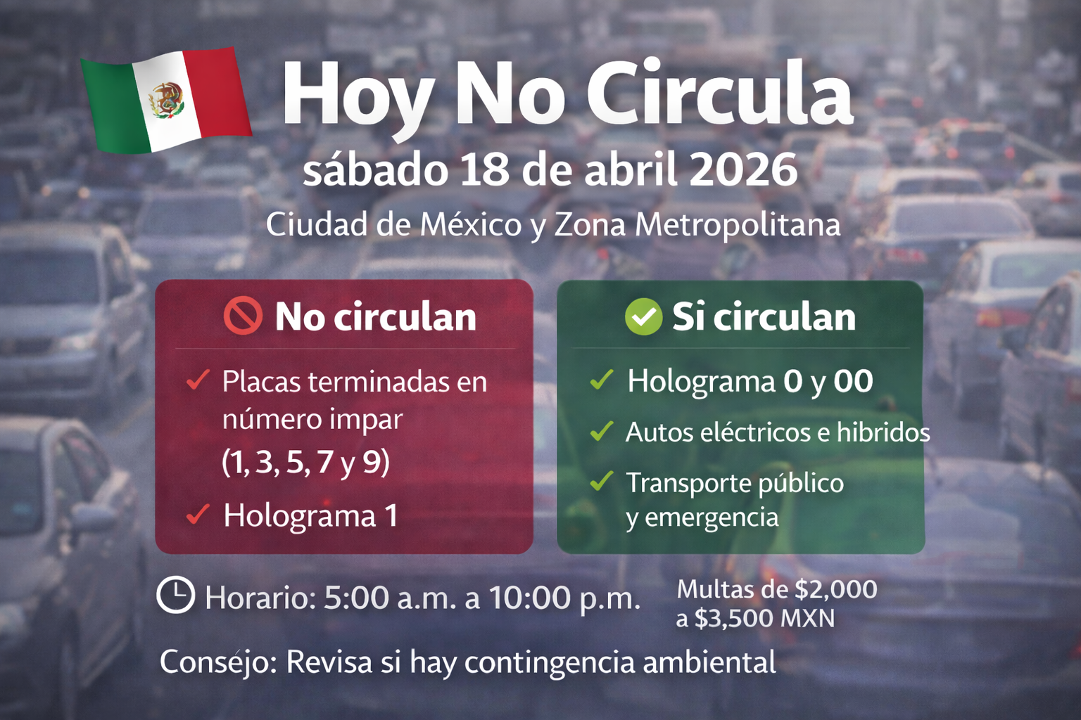 Hoy No Circula sábado 18 de abril de 2026: qué autos descansan y cómo evitar multas
